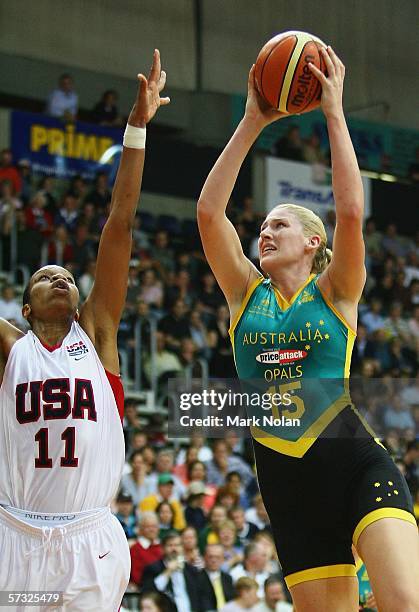 Lauren Jackson of Australia drives to the basket during the Opals World Challenge match between Australia and the USA played at the AIS Arena on...