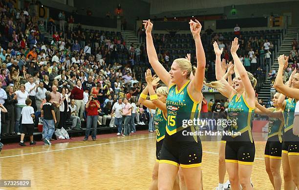 Lauren Jackson of Australia and team mates celebrate victory after the Opals World Challenge match between Australia and the USA played at the AIS...