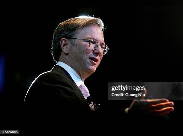 Google chief executive Eric Schmidt speaks during the inauguration of the company's new Chinese brand name "Gu Ge" on April 12, 2006 in Beijing,...