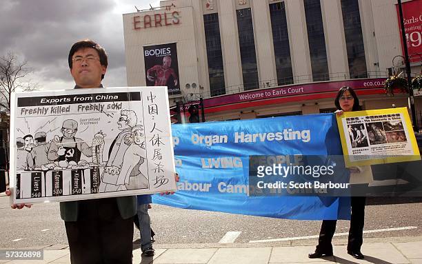 Protesters gather outside of ' Bodies.....The Exhibition' on April 12, 2006 in London, England. The exhibition gives the public the unique...