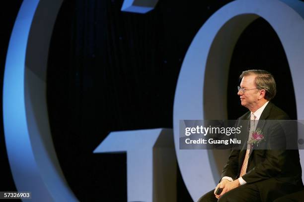 Google chief executive Eric Schmidt attends the inauguration of the company new Chinese brand name "Gu Ge" on April 12, 2006 in Beijing, China....