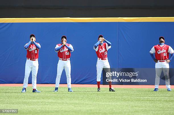 Members of the Cuban team warm-up on March 8, 2006 before the game against Panama at Hiram Bithorn Stadium in San Juan, Puerto Rico.