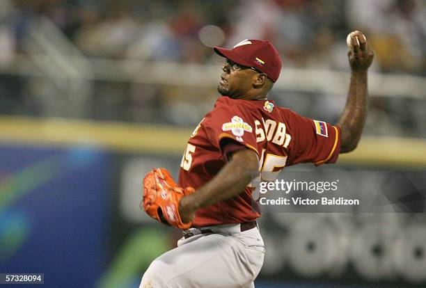 Kelvim Escobar of Venezuela pitches against the Dominican Republic during the game on March 14, 2006 at Hiram Bithorn Stadium in San Juan, Puerto...