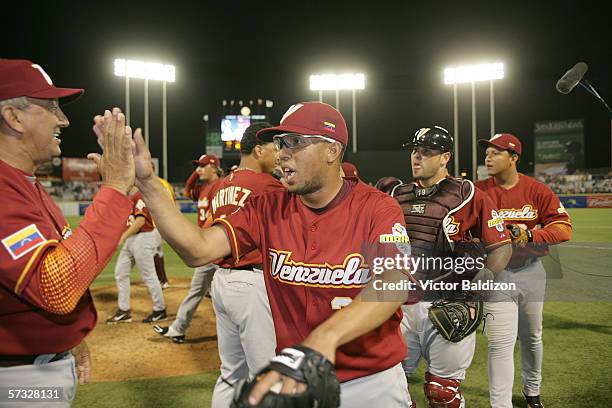 Francisco Rodriguez of Venezuela celebrates a victory over Puerto Rico after the WBC game against Puerto Rico at Hiram Bithorn Stadium in San Juan,...