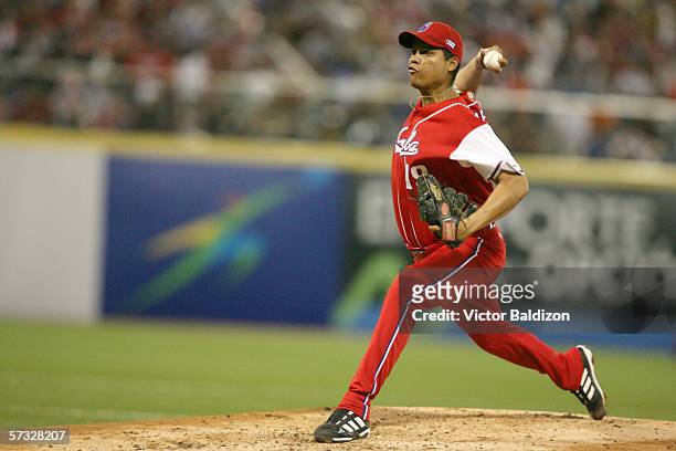 Omari Romero of Cuba pitches against Puerto Rico on March 15, 2006 at Hiram Bithorn Stadium in San Juan, Puerto Rico. Cuba defeated Puerto Rico 4-3.