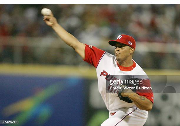 Dicky Gonzalez of Puerto Rico pitches during the game against Cuba on March 15, 2006 at Hiram Bithorn Stadium in San Juan, Puerto Rico. Cuba defeated...