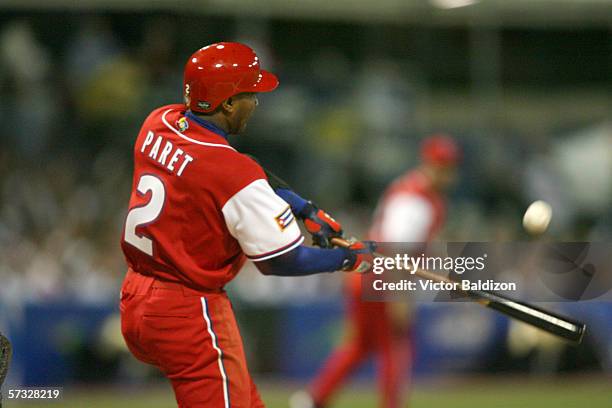 Eduardo Paret of Cuba bats against Puerto Rico on March 15, 2006 at Hiram Bithorn Stadium in San Juan, Puerto Rico. Cuba defeated Puerto Rico 4-3.