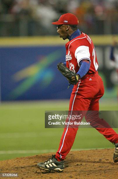 Vicyohandry Odelin of Cuba pitches against Puerto Rico on March 15, 2006 at Hiram Bithorn Stadium in San Juan, Puerto Rico. Cuba defeated Puerto Rico...