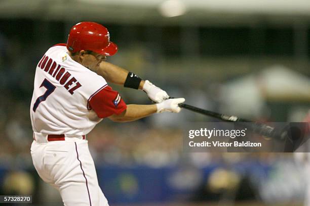 Ivan Rodriguez of Puerto Rico bats during the game against Cuba on March 15, 2006 at Hiram Bithorn Stadium in San Juan, Puerto Rico. Cuba defeated...