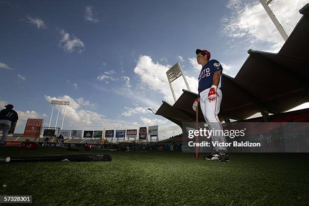 Ricky Ledee of Puerto Rico warms up before the game against Cuba on March 15, 2006 at Hiram Bithorn Stadium in San Juan, Puerto Rico. Cuba defeated...