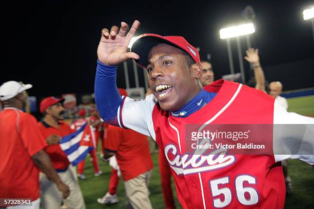 Carlos Tabares of Cuba celebrates after the game against Puerto Rico on March 15, 2006 at Hiram Bithorn Stadium in San Juan, Puerto Rico. Cuba...