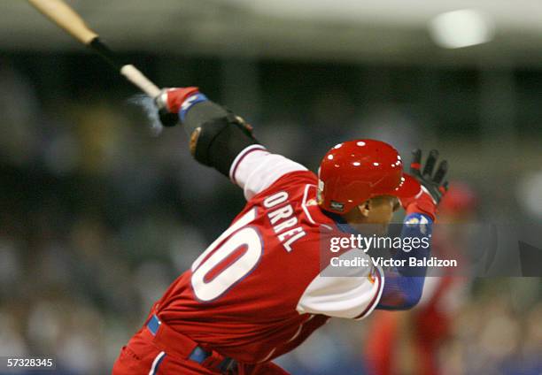 Yulieski Gourriel of Cuba bats against Puerto Rico on March 15, 2006 at Hiram Bithorn Stadium in San Juan, Puerto Rico. Cuba defeated Puerto Rico 4-3.