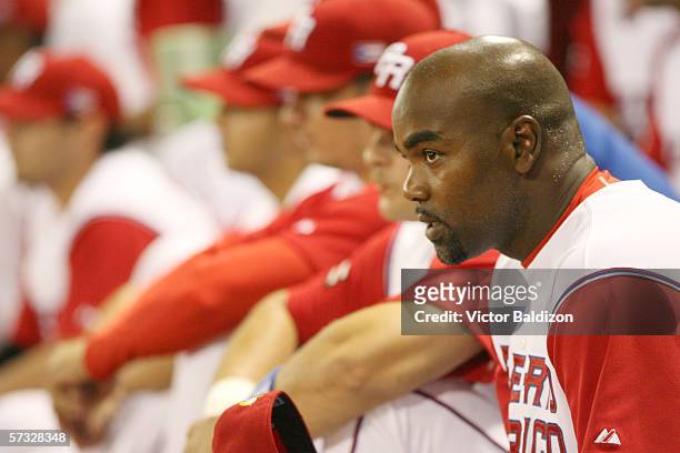 Carlos Delgado of Puerto Rico is pictured during the game against Cuba on March 15, 2006 at Hiram Bithorn Stadium in San Juan, Puerto Rico. Cuba...
