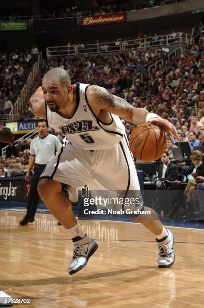 Carlos Boozer of the Utah Jazz during a game against the Washington Wizards at Delta Center on March 23, 2006 in Salt Lake City, Utah. The Wizards...