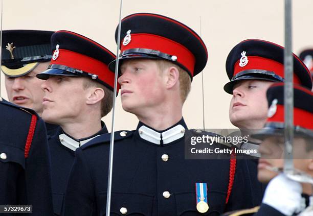 Prince Harry takes part in his passing-out Sovereign's Parade at Sandhurst Military Academy on April 12, 2006 in Sandhurst, England.