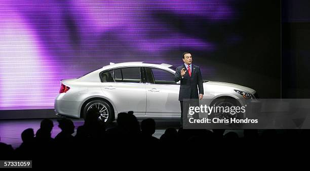 Carlos Ghosn, President and CEO of Nissan Motor Company, introduces the 2007 Infiniti G35 sedan during the press preview of the 2006 New York...