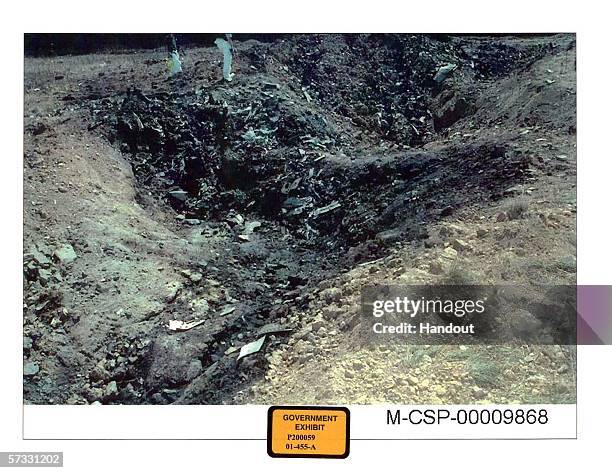 This photograph released by the U.S. District Court shows the scene in Somerset County, Pennsylvania, where United Flight 93 crashed after being...