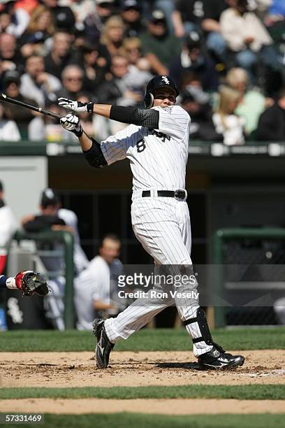 Alex Cintron of the Chicago White Sox swings at a pitch during the game against the Cleveland Indians at U.S. Cellular Field in Chicago, Illinois on...