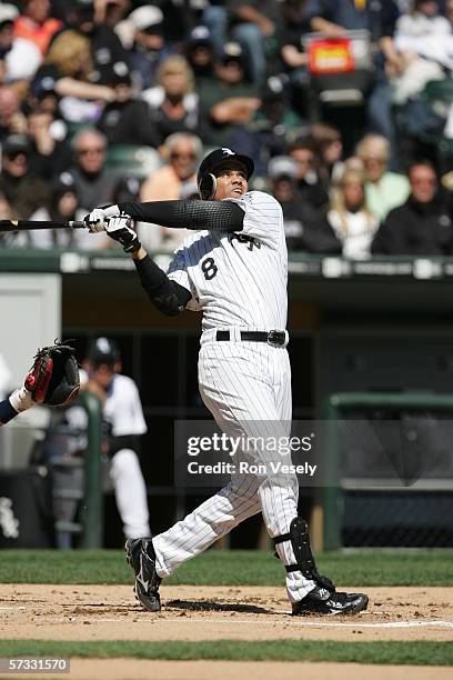 Alex Cintron of the Chicago White Sox swings at a pitch during the game against the Cleveland Indians at U.S. Cellular Field in Chicago, Illinois on...