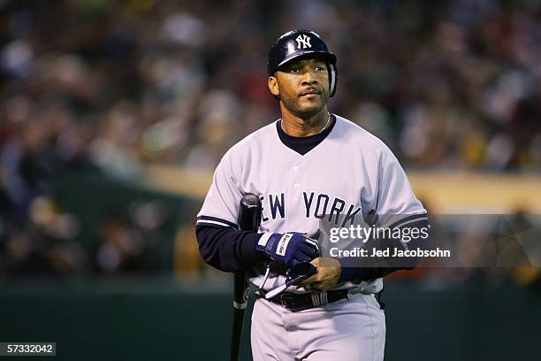 Gary Sheffield of the New York Yankees bats against the Oakland Athletics during the Opening Day game at McAfee Coliseum on April 3, 2006 in Oakland,...