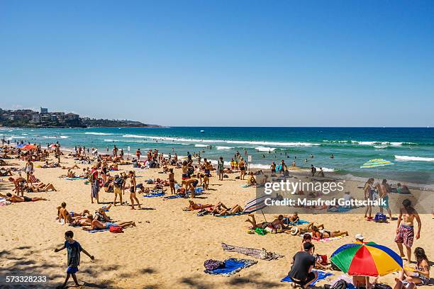 manly beach on a sunny summer day - manly beach stock pictures, royalty-free photos & images