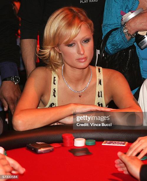 Socialite Paris Hilton plays poker at the Los Angeles Lakers 3rd annual Mirage Las Vegas Casino Night and Bodog Celebrity Poker Invitational...