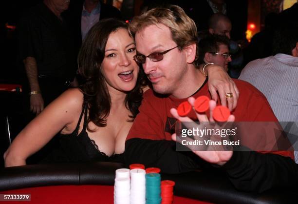 Actress Jennifer Tilly and poker player Phil Laak pose at the Los Angeles Lakers 3rd annual Mirage Las Vegas Casino Night and Bodog Celebrity Poker...