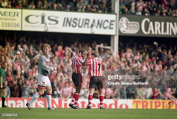 Ken Monkou celebrates his goal with team-mate Matthew Le Tissier of Southampton during the FA Carling Premiership match between Southampton and...