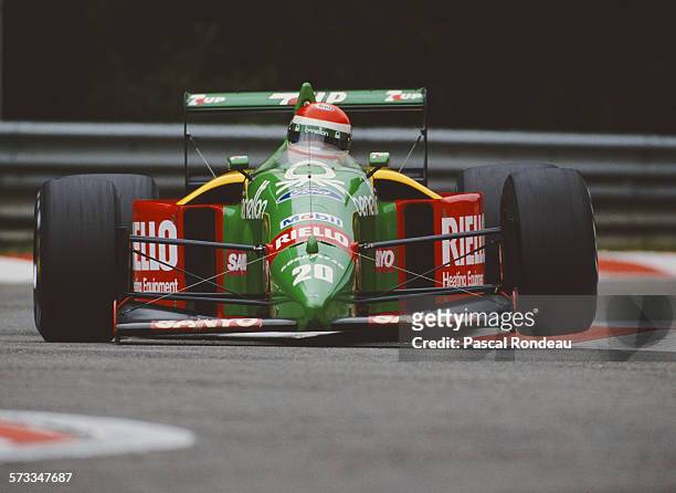 Emanuele Pirro of Italy drives the Benetton Formula Ltd Benetton B189 Cosworth V8 during practice for the Belgian Grand Prix on 26 August 1989 at the...