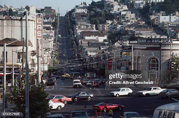 Castro Street in San Francisco, USA, with the Castro Theatre on the left and the Bank of America on the right, July 1984.