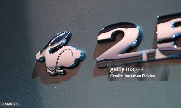 The Rabbit badge is seen on the back of the fifth generation Volkswagen Golf during the press preview of the 2006 New York International Auto Show...