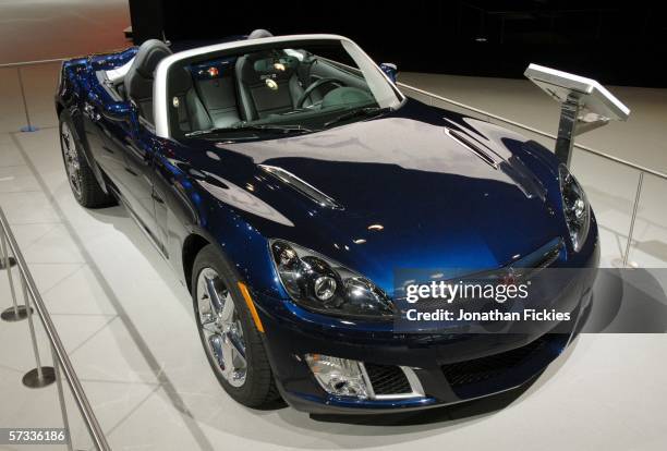 The 2007 Saturn Sky Red Line turbocharged roadster stands on display during the press preview of the 2006 New York International Auto Show April 13,...