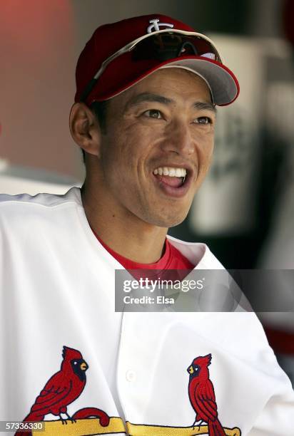 So Taguchi of the St. Louis Cardinals looks out on the field before the game against the Milwaukee Brewers on April 13, 2006 at the Busch Stadium in...