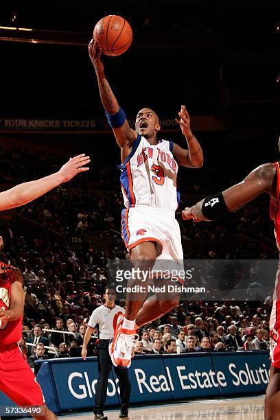 Stephon Marbury of the New York Knicks drives to the basket for a layup during a game against the Atlanta Hawks at Madison Square Garden on March 15,...