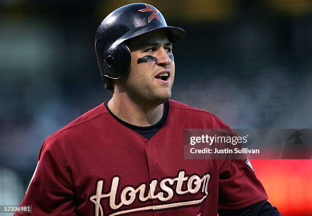 Lance Berkman of the Houston Astros reacts after striking out against the San Francisco Giants on April 13, 2006 at AT&T Park in San Francisco,...