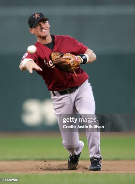 Craig Biggio of the Houston Astros throws to first base during a game against the San Francisco Giants on April 13, 2006 at AT&T Park in San...