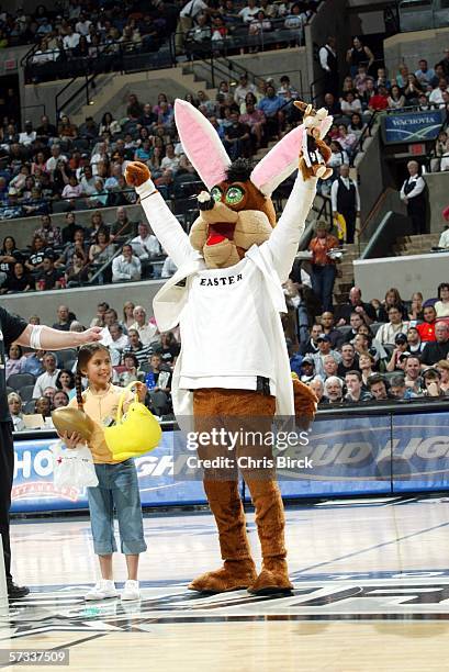 The Coyote, mascot of the San Antonio Spurs, dresses as the Easter