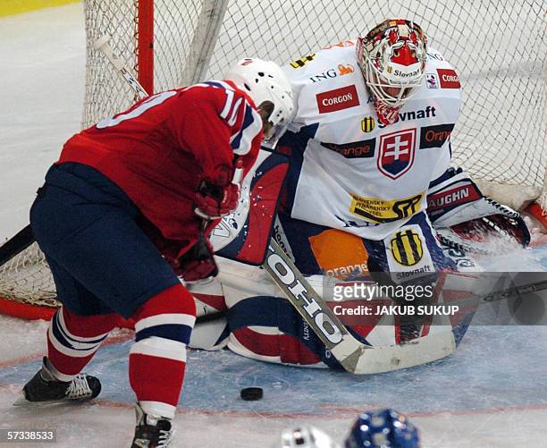 Slovak goalkeeper Jan Lasak fights for a puck with Lars-Erik Spets of Norway during a friendly match in Piestany, 14 April 2006, ahead of the 2006...