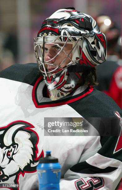 Goaltender Ryan Miller of the Buffalo Sabres looks on during the game against the New Jersey Devils at Continental Airlines Arena on March 30, 2006...