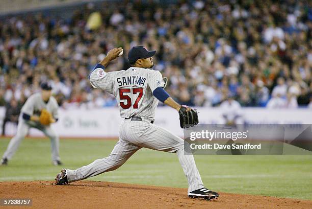 Johan Santana of the Minnesota Twins pitches against the Toronto Blue Jays during the home opener at the Rogers Centre on April 4, 2006 in Toronto,...