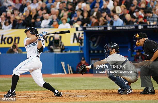 Reed Johnson of the Toronto Blue Jays bats against the Minnesota Twins during the home opener at the Rogers Centre on April 4, 2006 in Toronto,...