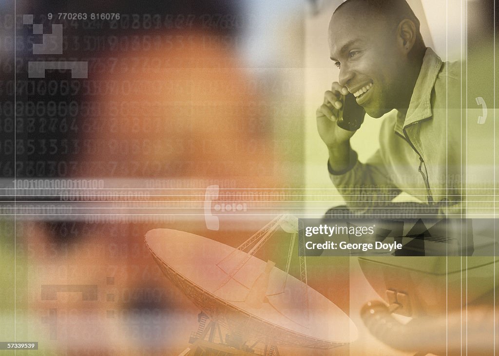 A young man talking on the phone with a satellite dish and numbers superimposed