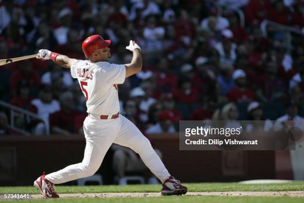 Albert Pujols of the St. Louis Cardinals bats against the Milwaukee Brewers during the home opener at the new Busch Stadium on April 10, 2006 in St....