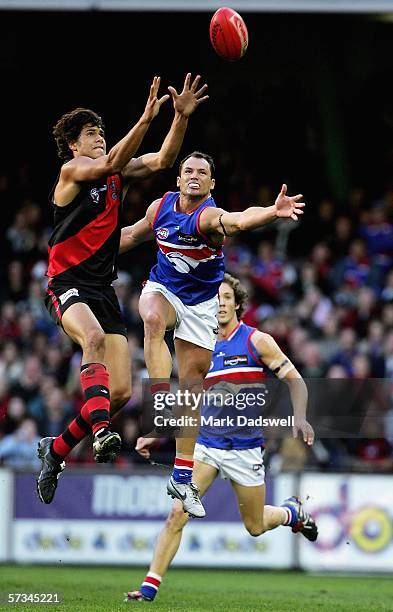Paddy Ryder for the Bombers flies for a mark during the round three AFL match between the Essendon Bombers and the Western Bulldogs at the Telstra...