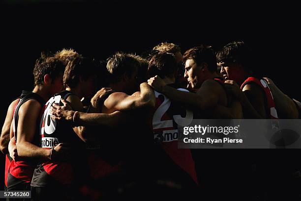 Matthew Lloyd of the Bombers addresses his team during the round three AFL match between the Essendon Bombers and the Western Bulldogs at the Telstra...