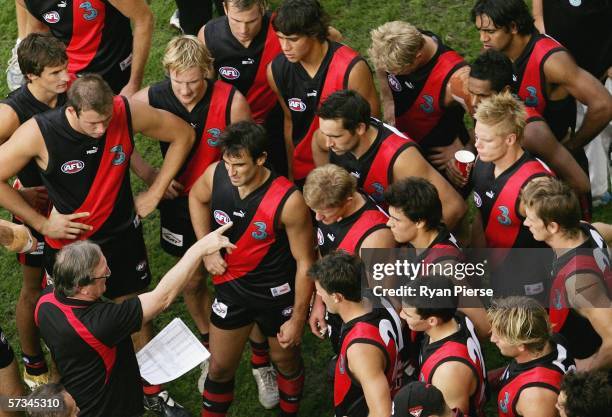 Kevin Sheedy, coach of the Bombers addresses his players during the round three AFL match between the Essendon Bombers and the Western Bulldogs at...