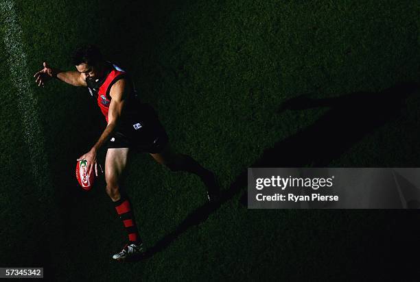 Scott Lucas of the Bombers kicks during the round three AFL match between the Essendon Bombers and the Western Bulldogs at the Telstra Dome April 16,...