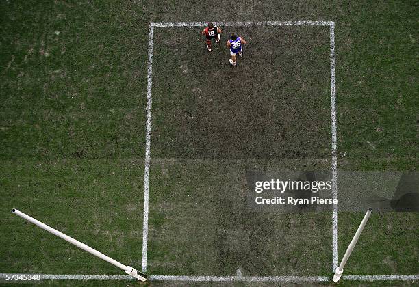 Matthew Lloyd of the Bombers and Brian Harris of the Bulldogs look on from the goal square during the round three AFL match between the Essendon...