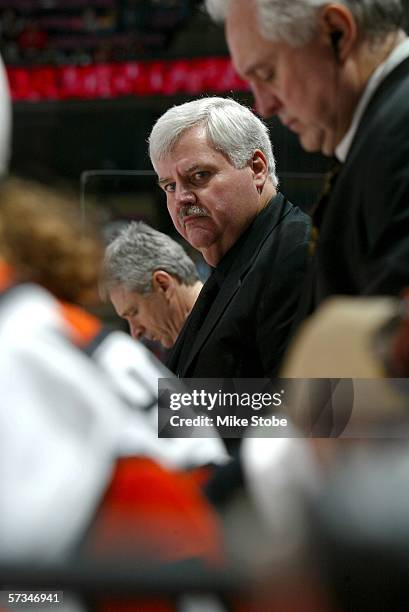 Head Coach Ken Hitchcock of the Philadelphia Flyers looks on during their game against the New Jersey Devils on April 16, 2006 at Continental...