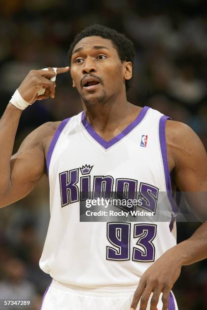 Ron Artest of the Sacramento Kings signals his teammates during the game against the New Orleans/Oklahoma City Hornets on April 16, 2006 at ARCO...